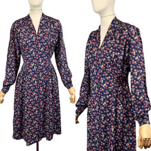 Load image into Gallery viewer, Original 1940's Navy Blue Crepe Long Sleeved Day Dress with Floral Print in Pink and Purple
