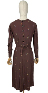 Original 1930’s Chocolate Brown Long Sleeved Crepe Day Dress with Button Back and Original Belt - Bust 34 36