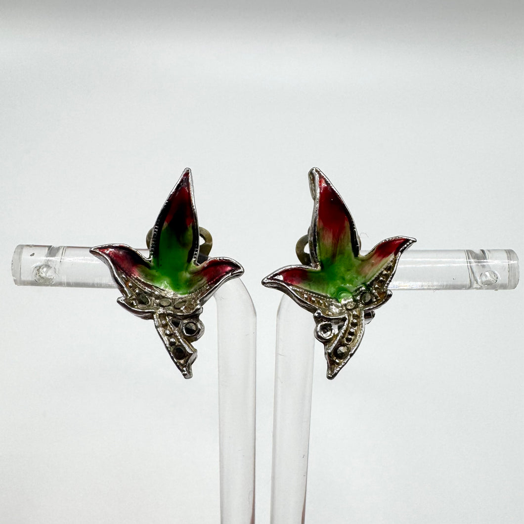 Original 1950's Mid Century Red and Green Enamel Leaf Earrings with Marcasite Detail