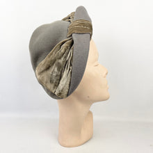 Load image into Gallery viewer, Original 1930&#39;s Dove Grey Side Tilt Hat with Large Oversized Velvet Bow Trim *
