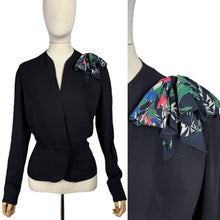 Load image into Gallery viewer, Original 1940&#39;s Black Crepe Jacket with Vibrant Crepe Bow Trim - Bust 36 38
