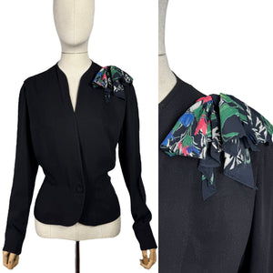 Original 1940's Black Crepe Jacket with Vibrant Crepe Bow Trim - Bust 36 38