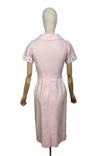 Load image into Gallery viewer, Original 1950's Baby Pink Linen Wiggle Dress by Ros Comain with Blue and White Floral Embroidery - Bust 32 34 *
