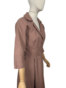 Original 1950’s Stylish Warm Brown Slub Linen Day Dress - Bust 36 *