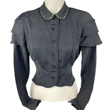 Load image into Gallery viewer, Original 1940&#39;s Miss Muffet Black Grosgrain Jacket with Cape Shoulder Detail - Bust 32 *
