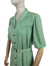 Load image into Gallery viewer, Original 1940&#39;s White and Green Candy Stripe Heavy Linen Button Front Belted Day Dress - Bust 40 42 *
