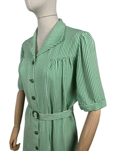 Original 1940's White and Green Candy Stripe Heavy Linen Button Front Belted Day Dress - Bust 40 42 *