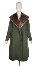 Load image into Gallery viewer, Original 1950's Volup Rensor Green Herringbone Wool Coat with Huge Faux Fur Collar - Bust 42 44
