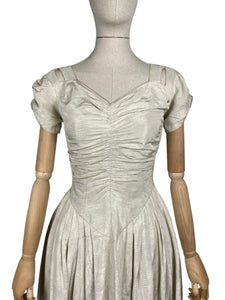 Original 1930's Ivory Grosgrain and Metallic Gold Thread Full Length Evening Dress with Ruching - Bust 32" *