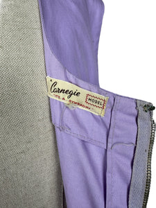 Original 1950's Carnegie Model Pale Lilac Cotton Day Dress with White Lace Detail and Bow Trimmed Pockets - Bust 38