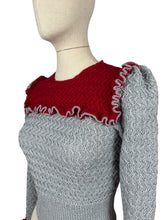 Load image into Gallery viewer, 1940s Reproduction Long Sleeved Jumper in Cherry Red and Light Grey with Frill Trim - Bust 34 36
