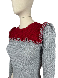 1940s Reproduction Long Sleeved Jumper in Cherry Red and Light Grey with Frill Trim - Bust 34 36