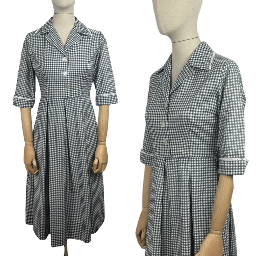 Original 1950's Blue, Black and White Check Dress with Lace Trim - Bust 34 35 *