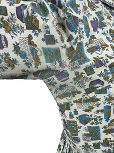 Vintage 1950's 1960's Lightweight Cotton Novelty Print Shirtwaister Dress in Purple, Blue and Green - Bust 36