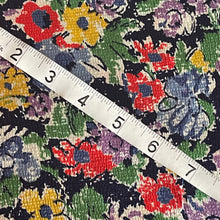 Load image into Gallery viewer, Original 1930&#39;s Crepe Floral Dressmaking Fabric in Navy Blue with Red, Yellow, Green , White and Purple Flowers - 34&quot; x 128&quot;
