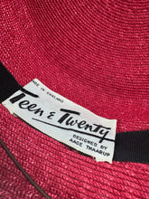 Load image into Gallery viewer, Original 1950's Cherry Red Straw hat with Wide Black Velvet Trim and Cream and White Floral Trim
