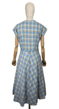 Load image into Gallery viewer, Original 1950&#39;s Blue, Brown and White Embroidered Check Belted Dress - Bust 36 38

