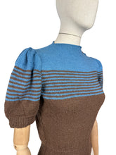 Load image into Gallery viewer, Reproduction 1940&#39;s Striped Jumper in Coffee Bean Brown and Dolphin Blue with Full Pull Sleeves - Bust 34 36
