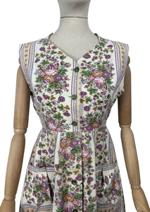 Original 1940's Thick Cotton Floral Stripe Sleeveless Chore Dress by Ritchwear - Bust 38 39