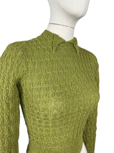Reproduction 1930's Hand Knitted Long Sleeved Jumper in Lily Pad Green - Bust 32 34