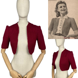 1940's Reproduction Hand Knitted Bolero in Burgundy - B34 36 38 40 42