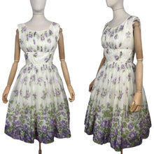 Load image into Gallery viewer, Original 1950&#39;s Cream, Purple and Green Nylon Full Skirted Dress - Bust
