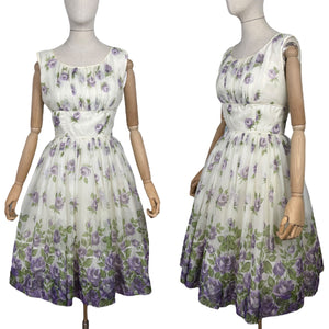 Original 1950's Cream, Purple and Green Nylon Full Skirted Dress - Bust
