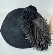 Load image into Gallery viewer, Original 1950's Inky Black Felt Hat with Feather and Pom-pom Trim
