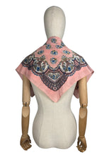Load image into Gallery viewer, Original 1950&#39;s Salmon Pink Silk Crepe Scarf with Floral Print in Blue, Green, White and Black - Great Headscarf

