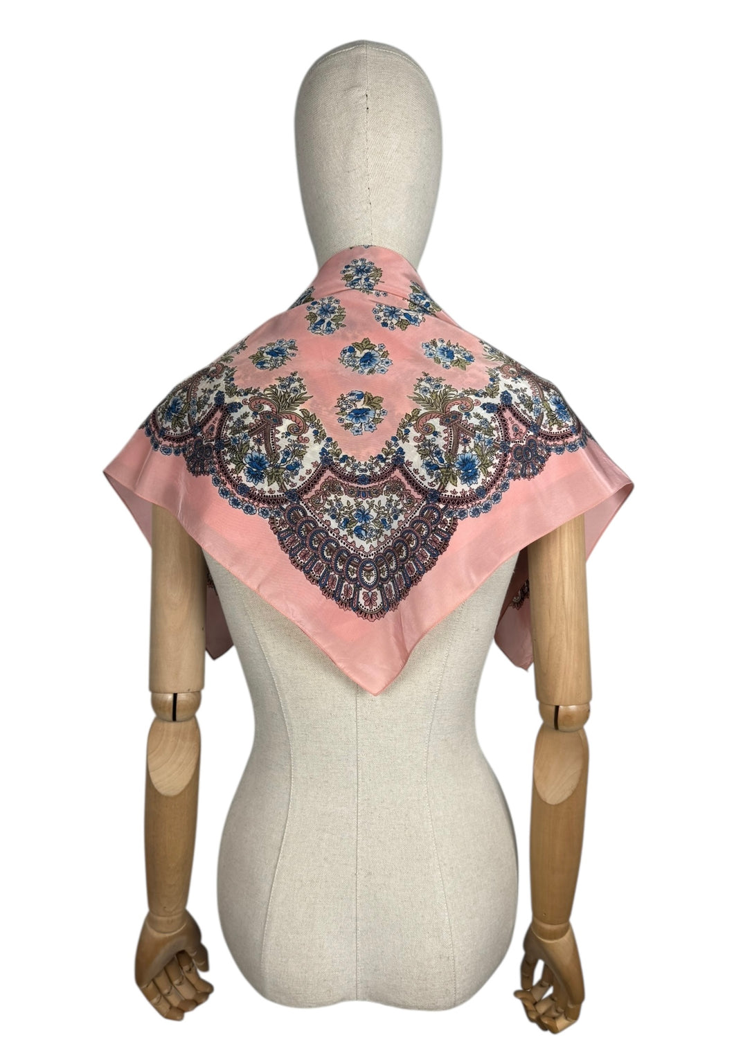 Original 1950's Salmon Pink Silk Crepe Scarf with Floral Print in Blue, Green, White and Black - Great Headscarf