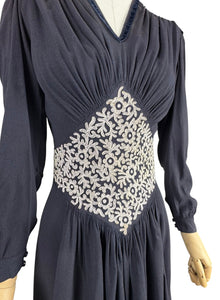 Original Late 1930's or Early 1940's Midnight Blue Crepe Day Dress with Long Sleeves and Amazing Soutache Waist Detail - Bust 34 35