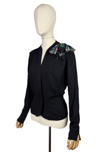 Original 1940's Black Crepe Jacket with Vibrant Crepe Bow Trim - Bust 36 38