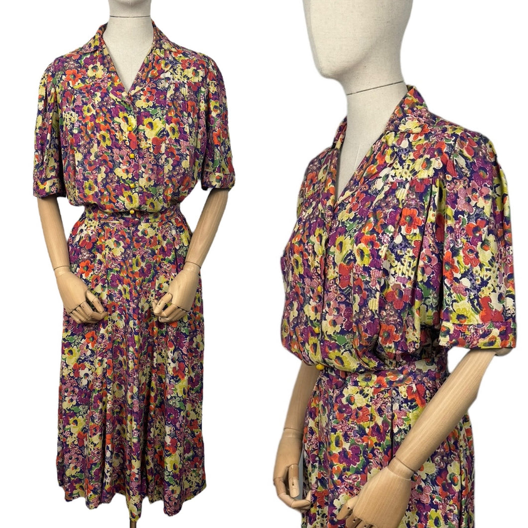 Original 1930's Volup Betty Barley Floral Silk Dress in Rust, Purple, Green and Cream - Bust 40