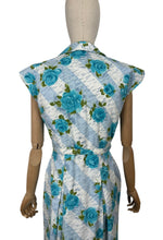 Load image into Gallery viewer, Original 1950&#39;s Stripe Floral Cotton Sleeveless Belted Day Dress in Blue and White with Bold Blue Roses - Bust 36 37
