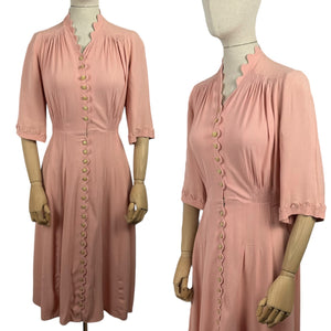 Original 1930’s Pale Pink Crepe Day Dress with Scallop Detailing - Bust 36 38