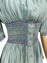 Load image into Gallery viewer, Stunning Original 1930&#39;s Blue Cotton Blouse with Heavy Smocking Detail - Bust 36 38
