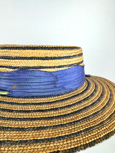 Original 1930's 1940's Blue Stripe Straw Hat with Floral Trim - Perfect Summer Hat *