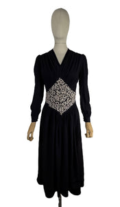 Original Late 1930's or Early 1940's Midnight Blue Crepe Day Dress with Long Sleeves and Amazing Soutache Waist Detail - Bust 34 35