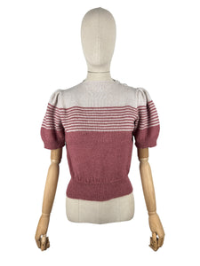 Reproduction 1940's Striped Jumper in Strawberry Pink and White Fog with Full Puff Sleeves - Bust 38 40 *