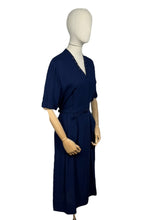 Load image into Gallery viewer, Original 1950&#39;s Dark Blue Moygashel Linen Classic Belted Day Dress by Rembrandt - Great Button Detail - Bust 38 *
