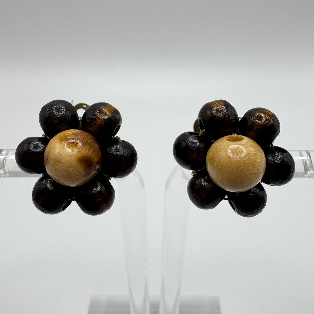 Original 1950's Mid Century Wooden Flower Cluster Clip on Earrings