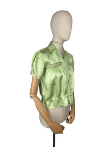 Original 1940’s Pale Green Artificial Silk Blouse with Colourful Smocking Detail - Bust 34 36