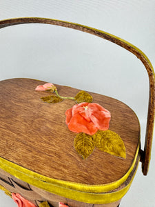 Beautiful Vintage Betsy B Wooden Basket Box Bag with Green Velvet Trim and Pink Flower Applique