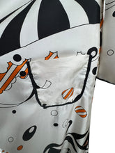 Load image into Gallery viewer, Original Vintage 1960&#39;s 1970&#39;s White, Black and Orange Robe with Novelty Umbrella Print - Bust 34 36
