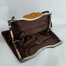 Load image into Gallery viewer, Original 1930's Warm Brown Suede Bag with Amber Coloured Carved Rose Clasp
