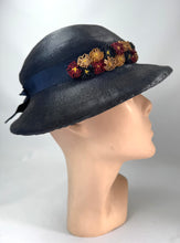 Load image into Gallery viewer, Original 1930's Blue Straw Hat with Burgundy, Cream and Blue Floral Trim *
