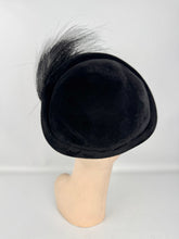 Load image into Gallery viewer, Original 1940&#39;s 1950&#39;s Black Felt Joseph&#39;s Inc Hat with Beaded Crown and Feather Trim
