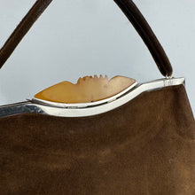 Load image into Gallery viewer, Original 1930's Warm Brown Suede Bag with Amber Coloured Carved Rose Clasp
