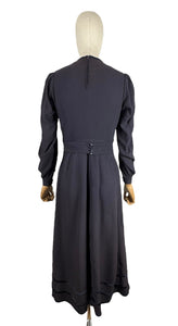 Original Late 1930's or Early 1940's Midnight Blue Crepe Day Dress with Long Sleeves and Amazing Soutache Waist Detail - Bust 34 35