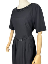 Load image into Gallery viewer, Original 1950’s Black Beaded Wool Wiggle Dress with Bow Trim from Budapest - Bust 40 42
